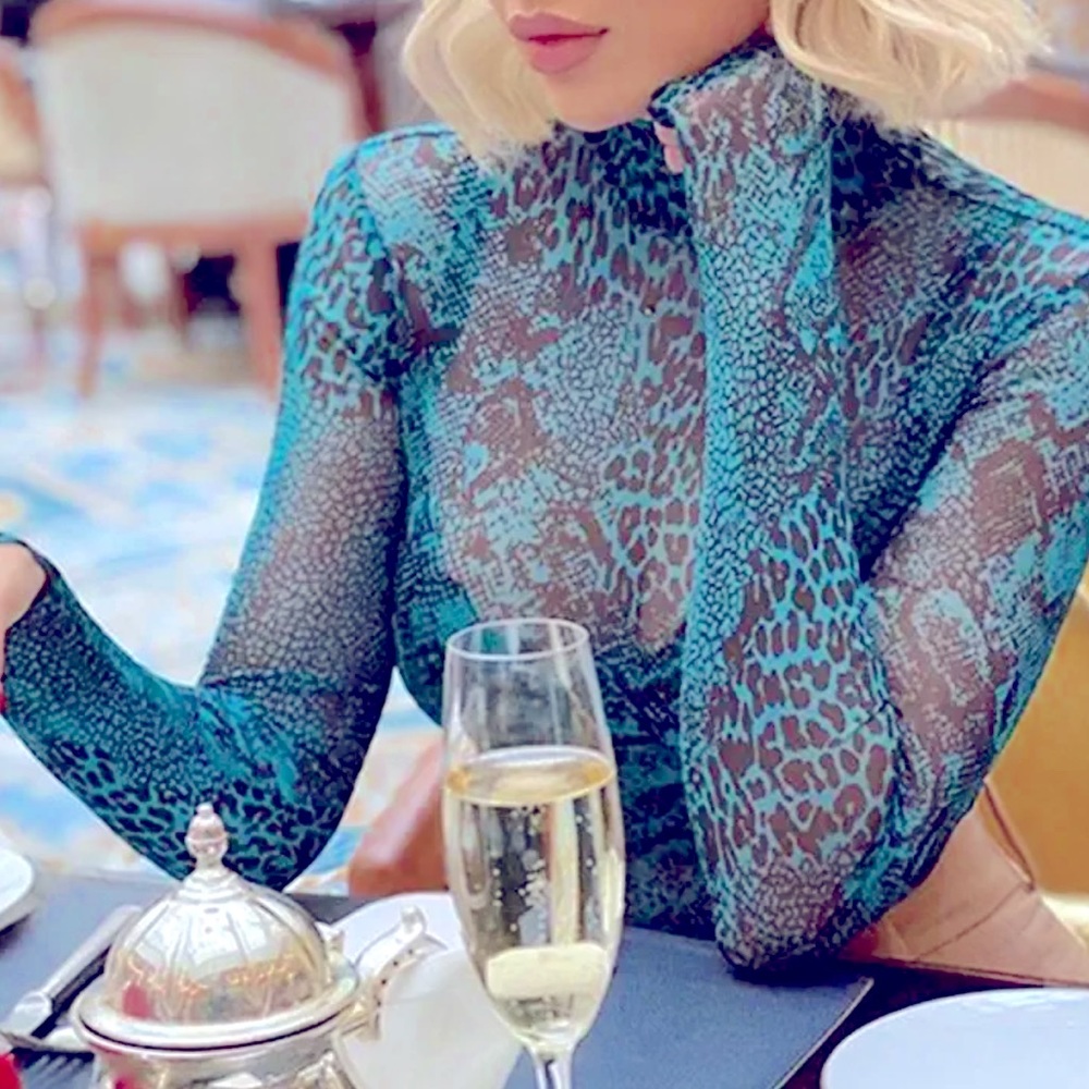 Snake Print Blue Black Sheer See-Through Long Thumbs Sleeve Turtleneck Bodysuit